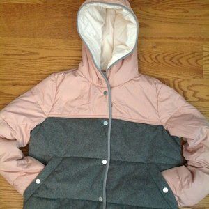 ABERCROMBIE & FITCH PUFFER JACKET HOODED QUILTED PINK GRAY WOMEN'S SIZE S SNAPS